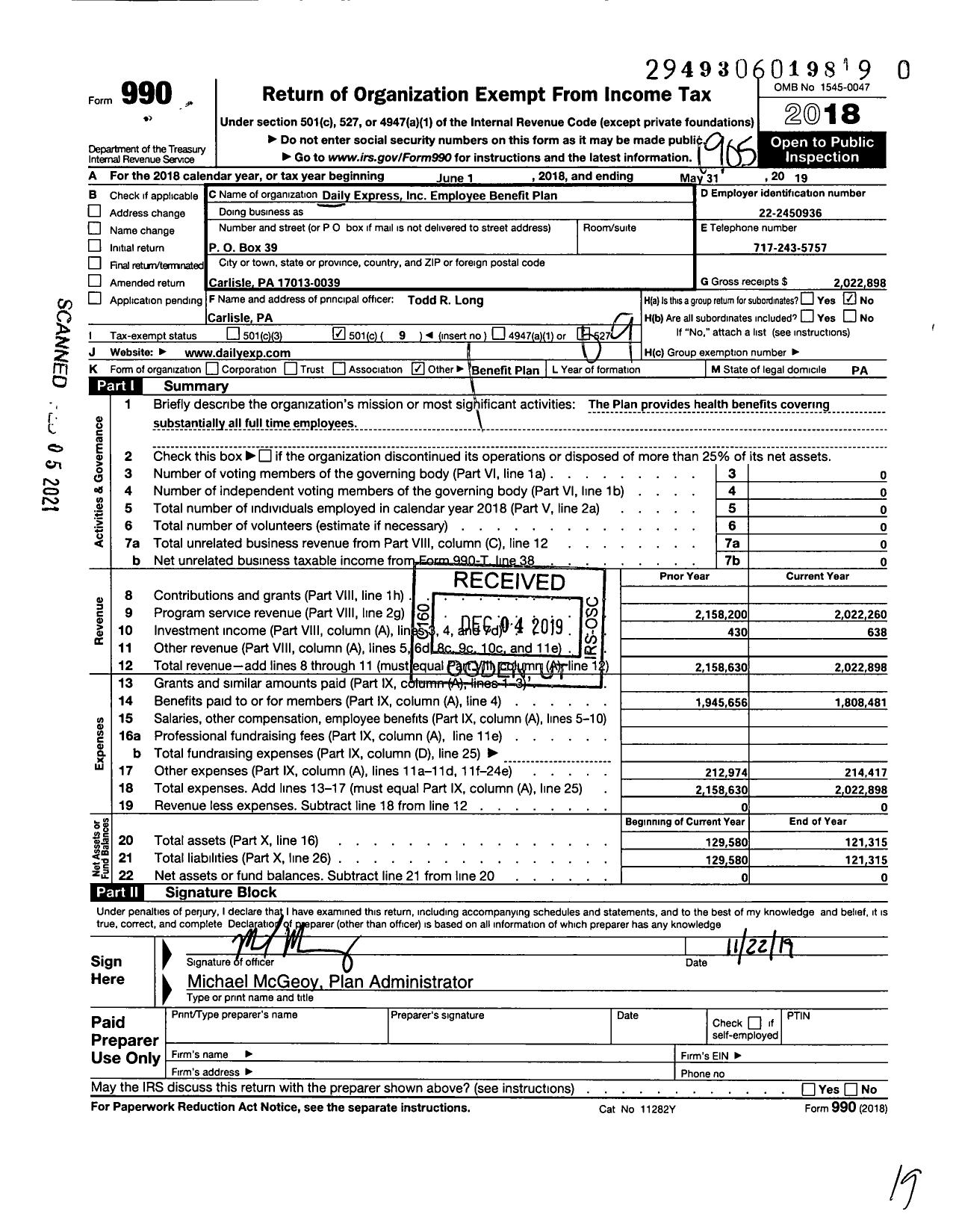 Image of first page of 2018 Form 990O for Daily Express Employee Benefit Plan