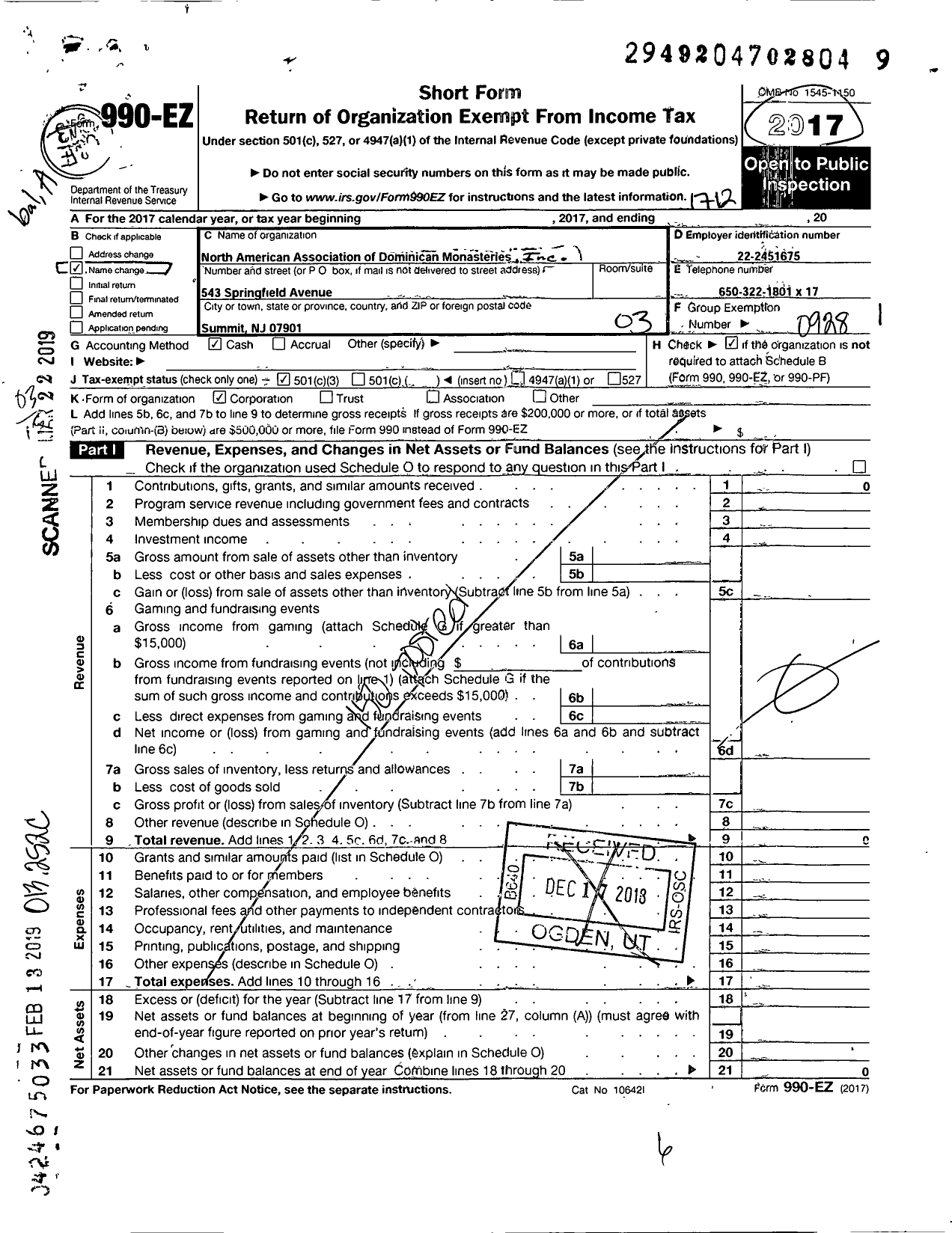 Image of first page of 2017 Form 990EZ for North American Association of Dominican Monasteries