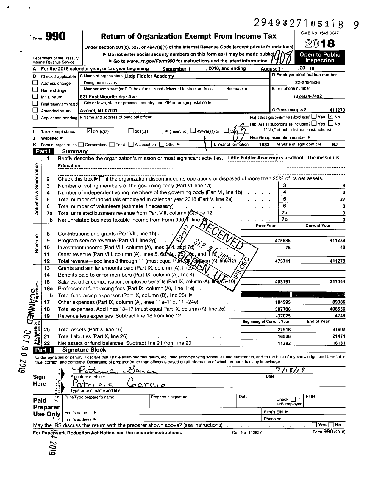 Image of first page of 2018 Form 990 for Little Fiddler Academy