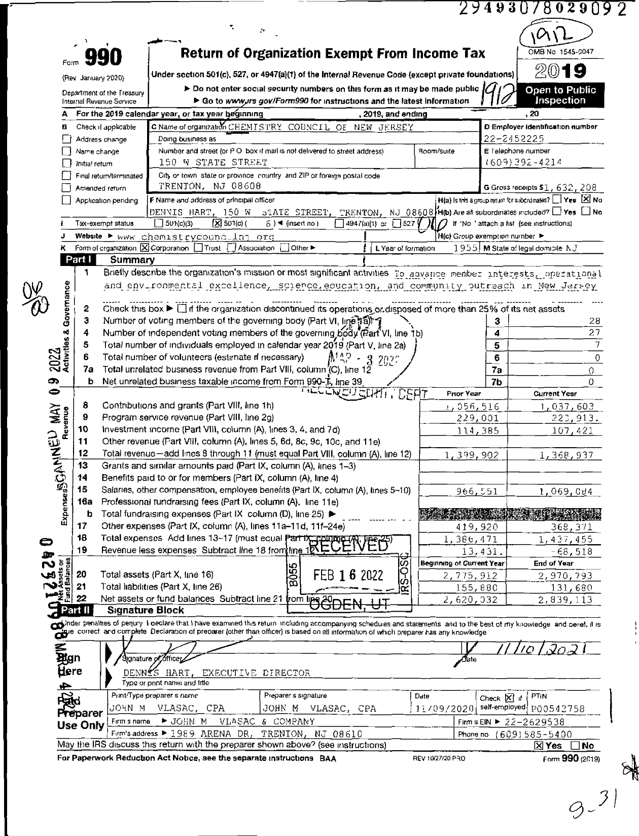 Image of first page of 2019 Form 990O for Chemistry Council of New Jersey (CCNJ)