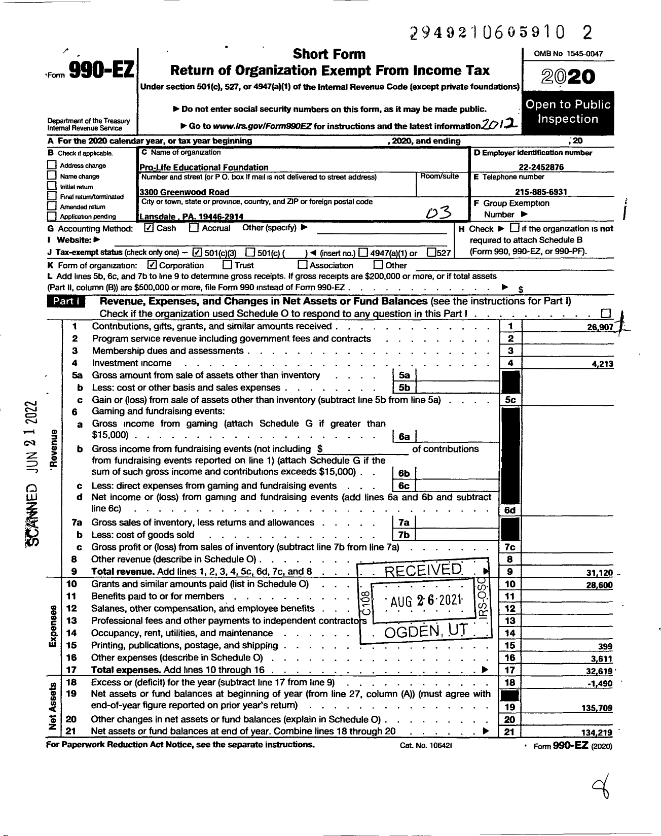 Image of first page of 2020 Form 990EZ for Pro-Life Educational Foundation