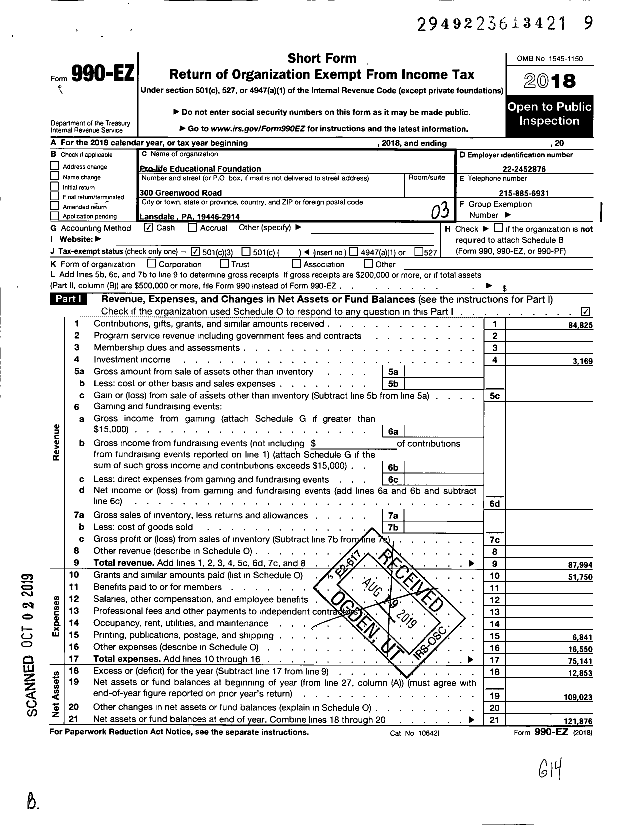 Image of first page of 2018 Form 990EZ for Pro-Life Educational Foundation