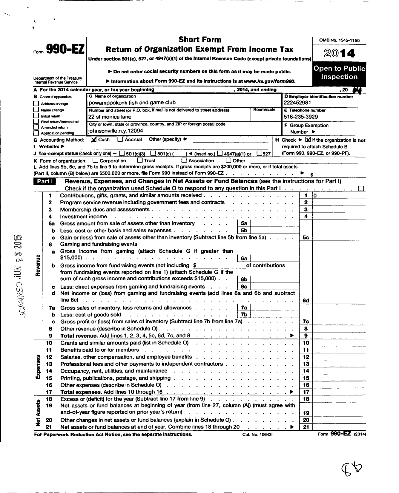 Image of first page of 2014 Form 990EO for Powamppokonk Fish and Game Club