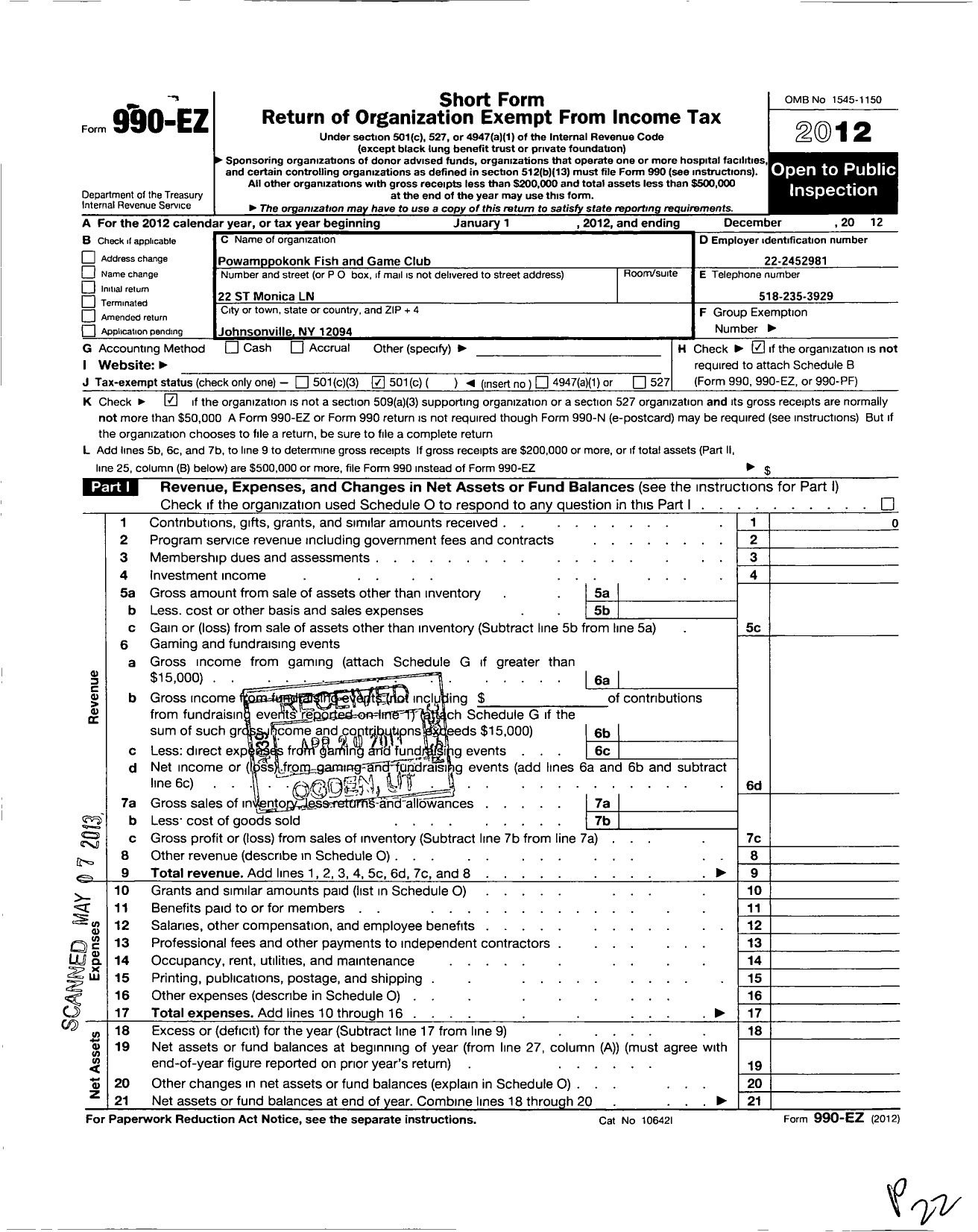 Image of first page of 2012 Form 990EO for Powamppokonk Fish and Game Club