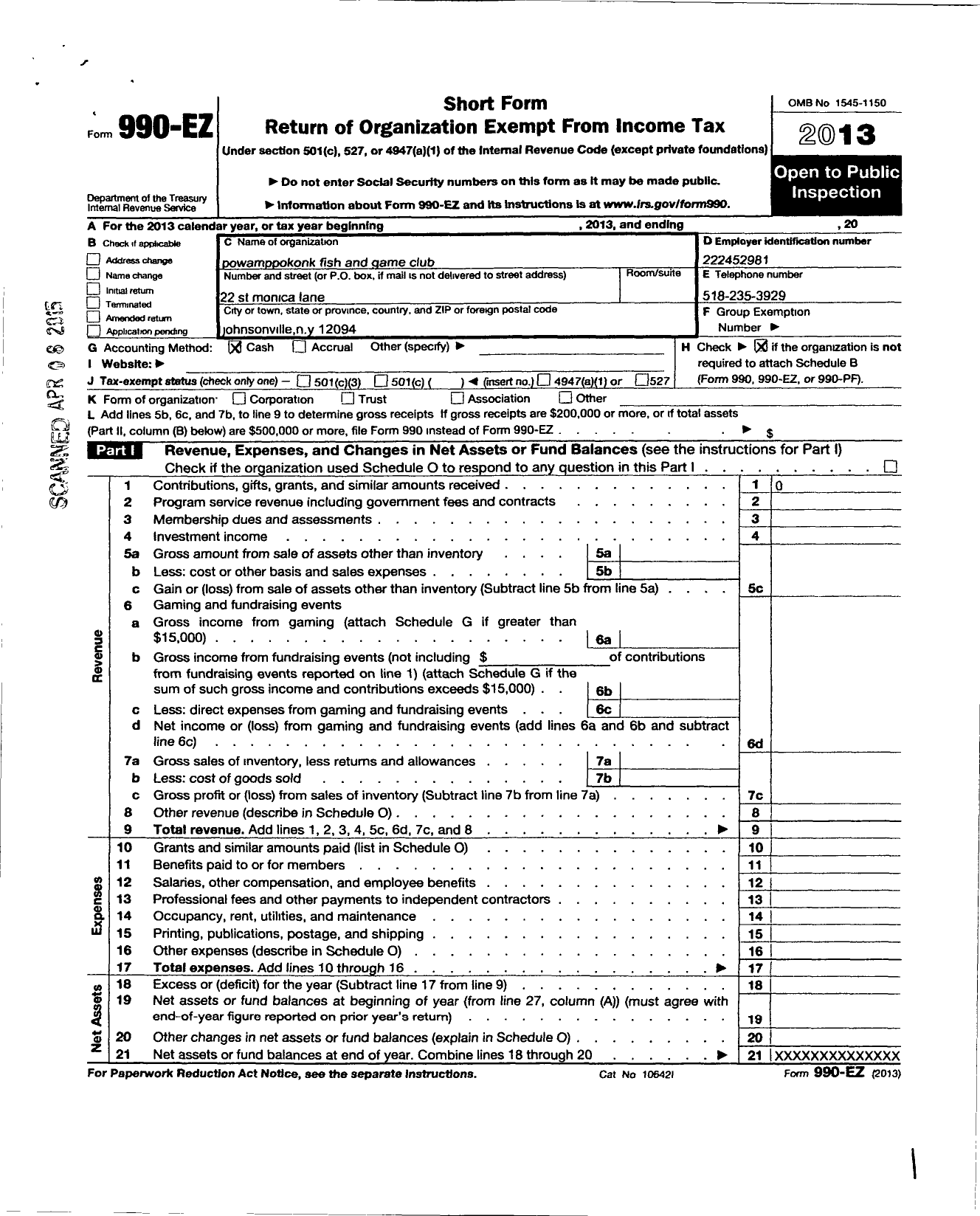 Image of first page of 2013 Form 990EO for Powamppokonk Fish and Game Club