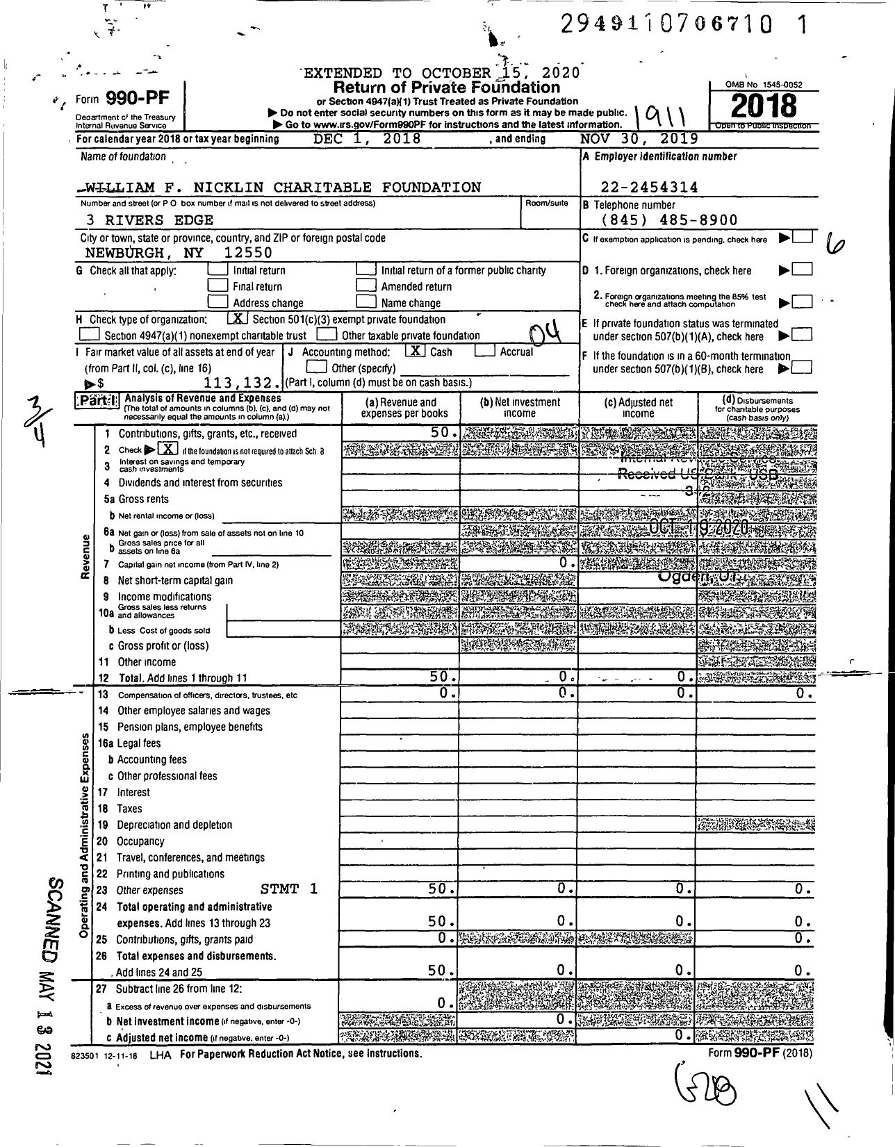 Image of first page of 2018 Form 990PF for William F Nicklin Charitable Foundation