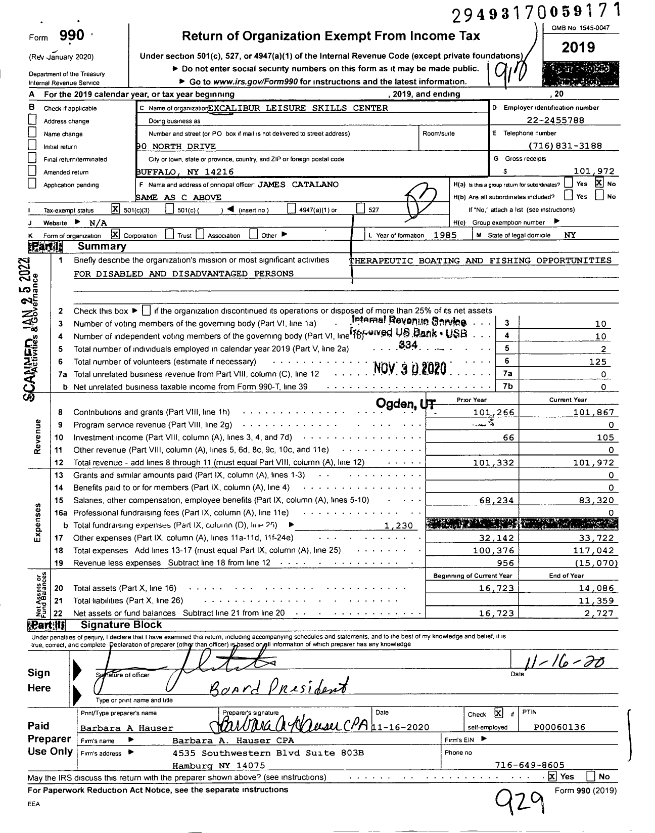 Image of first page of 2019 Form 990 for Excalibur Leisure Skills Center