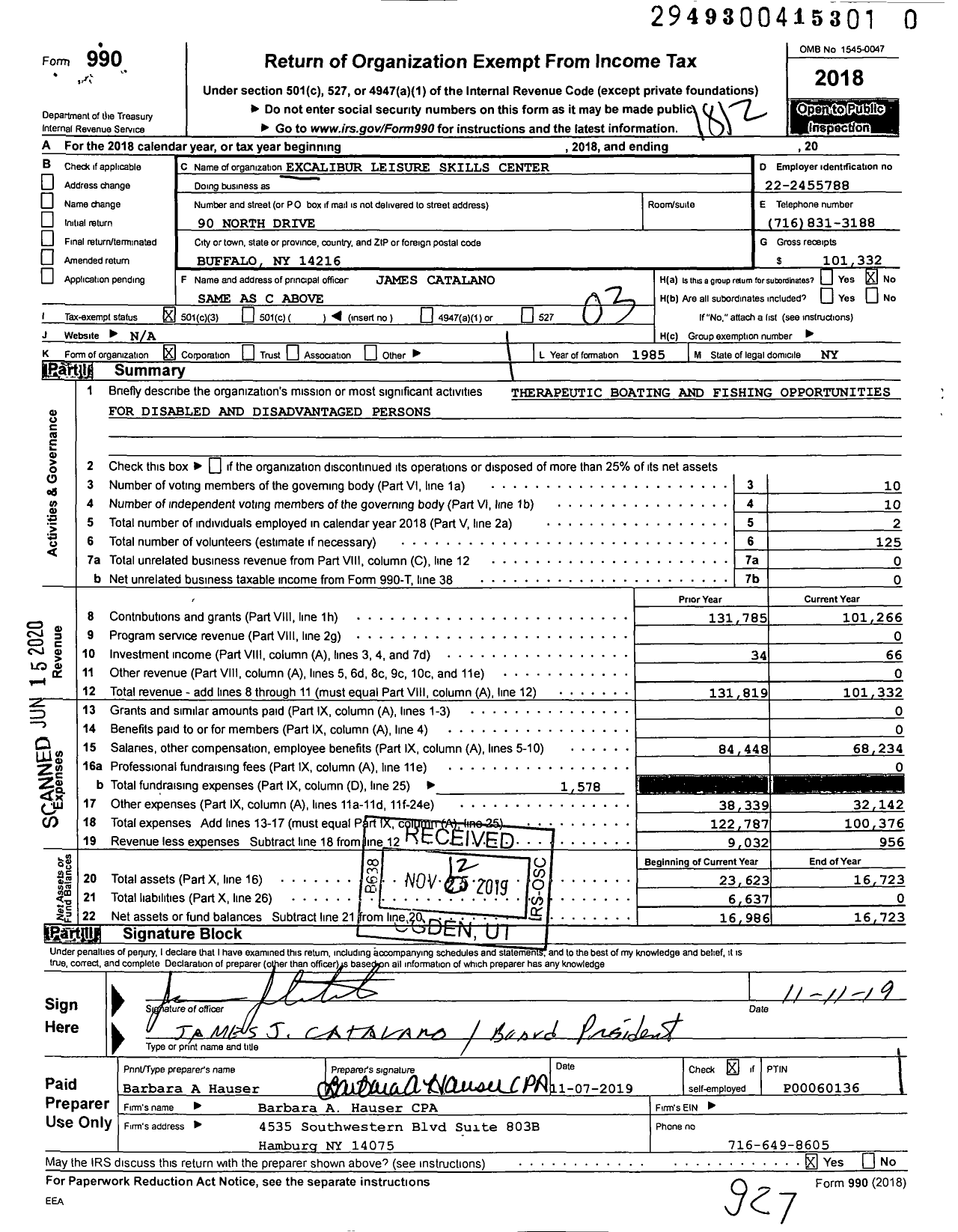 Image of first page of 2018 Form 990 for Excalibur Leisure Skills Center