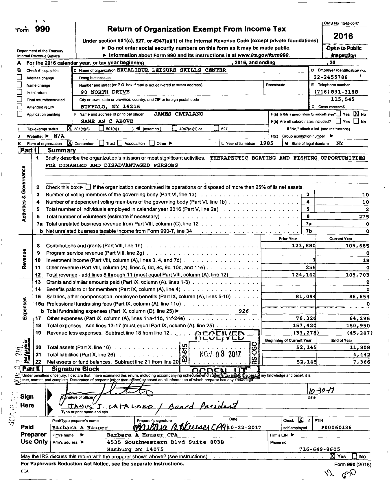 Image of first page of 2016 Form 990 for Excalibur Leisure Skills Center