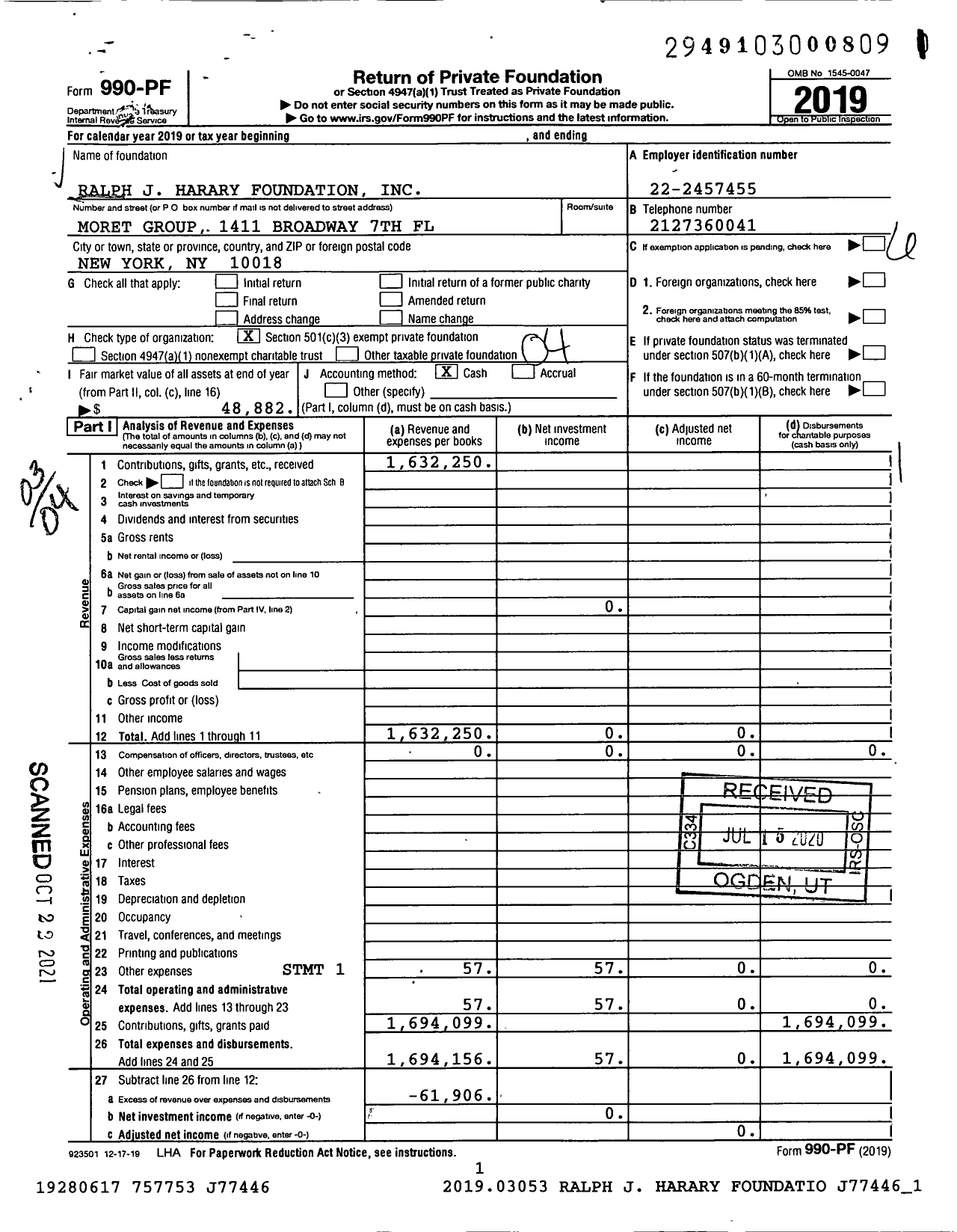 Image of first page of 2019 Form 990PF for Ralph J Harary Foundation