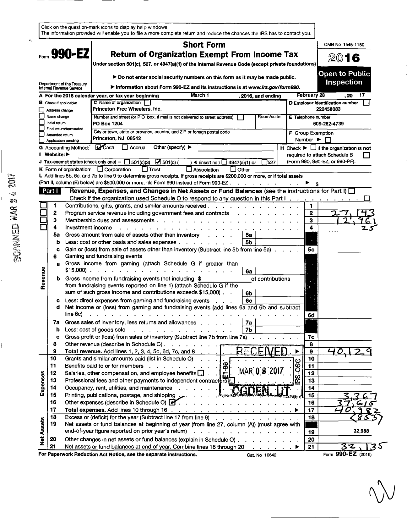 Image of first page of 2016 Form 990EO for Princeton Free Wheelers