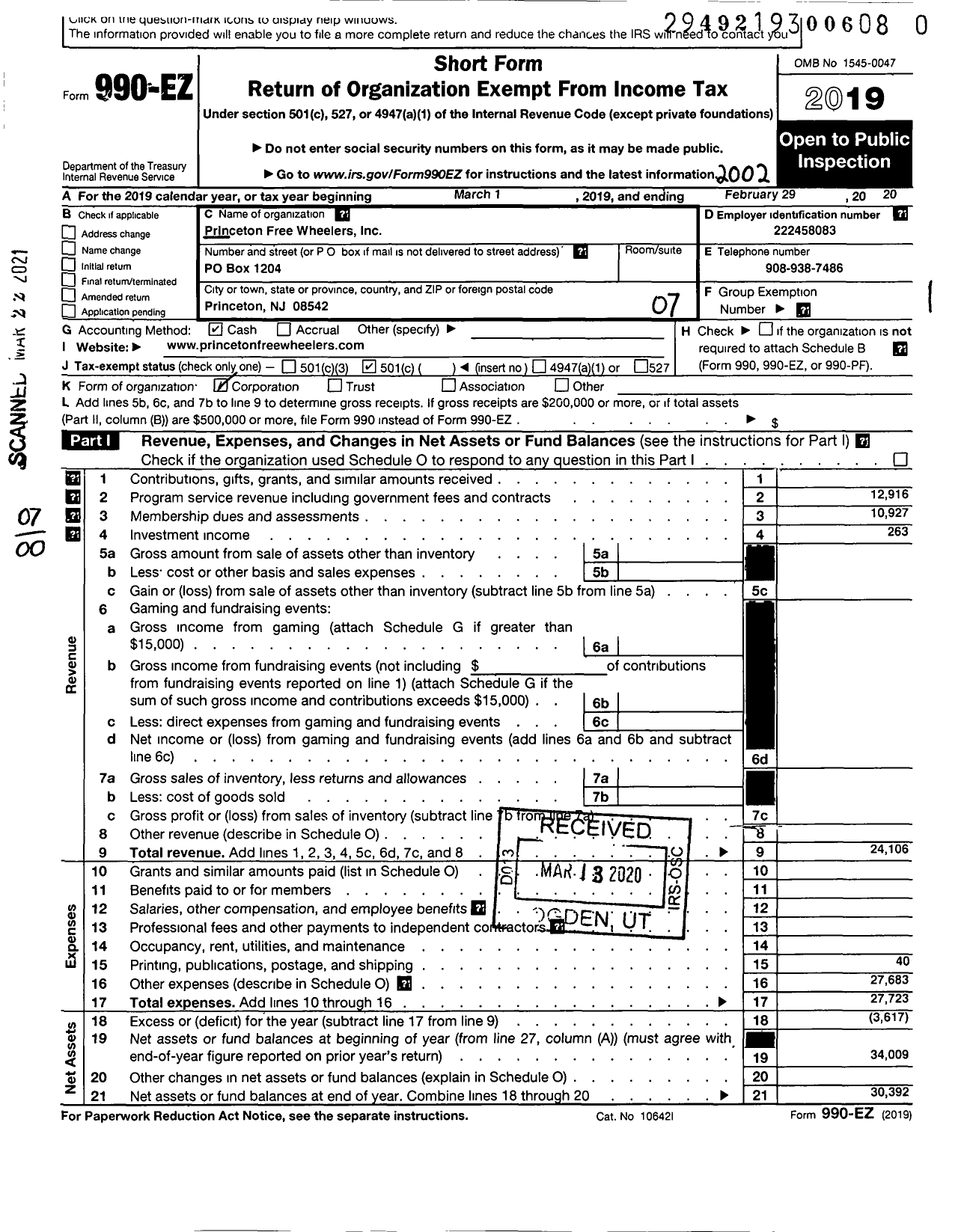 Image of first page of 2019 Form 990EO for Princeton Free Wheelers