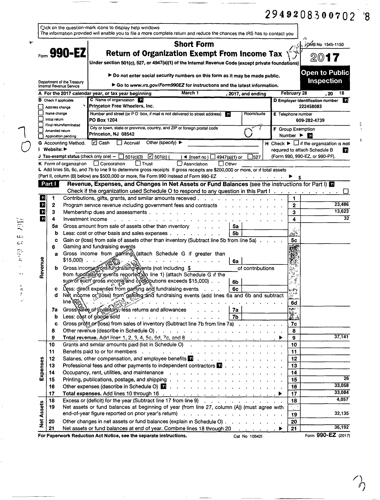 Image of first page of 2017 Form 990EO for Princeton Free Wheelers