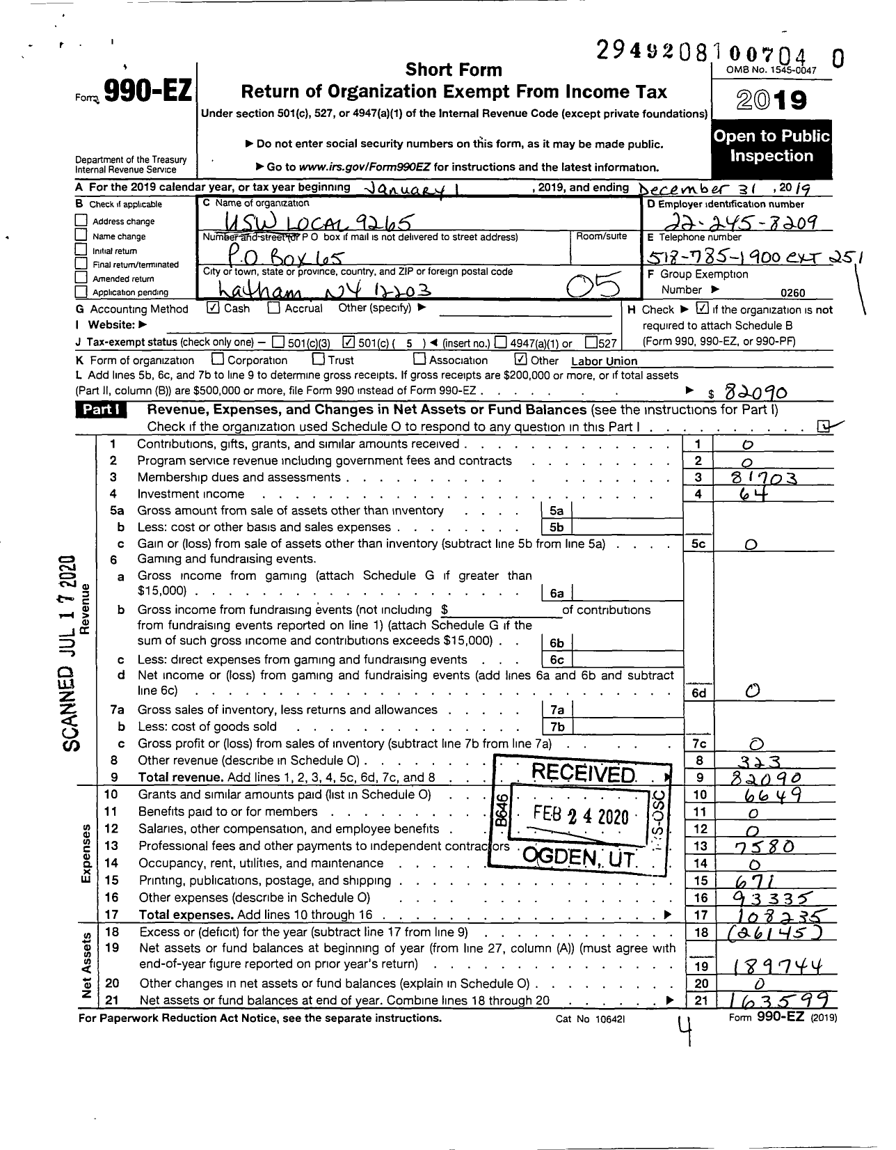 Image of first page of 2019 Form 990EO for United Steelworkers - 09265 Local