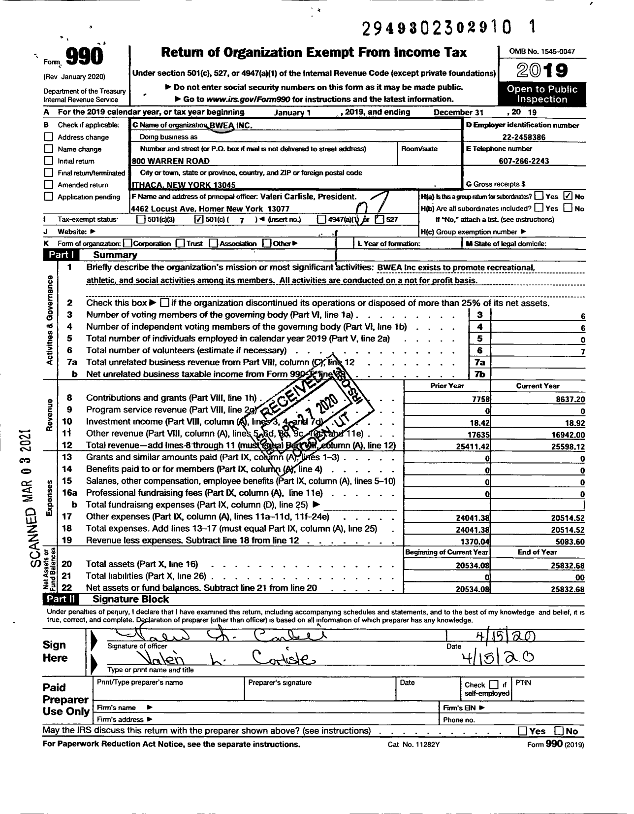 Image of first page of 2019 Form 990O for Bwea