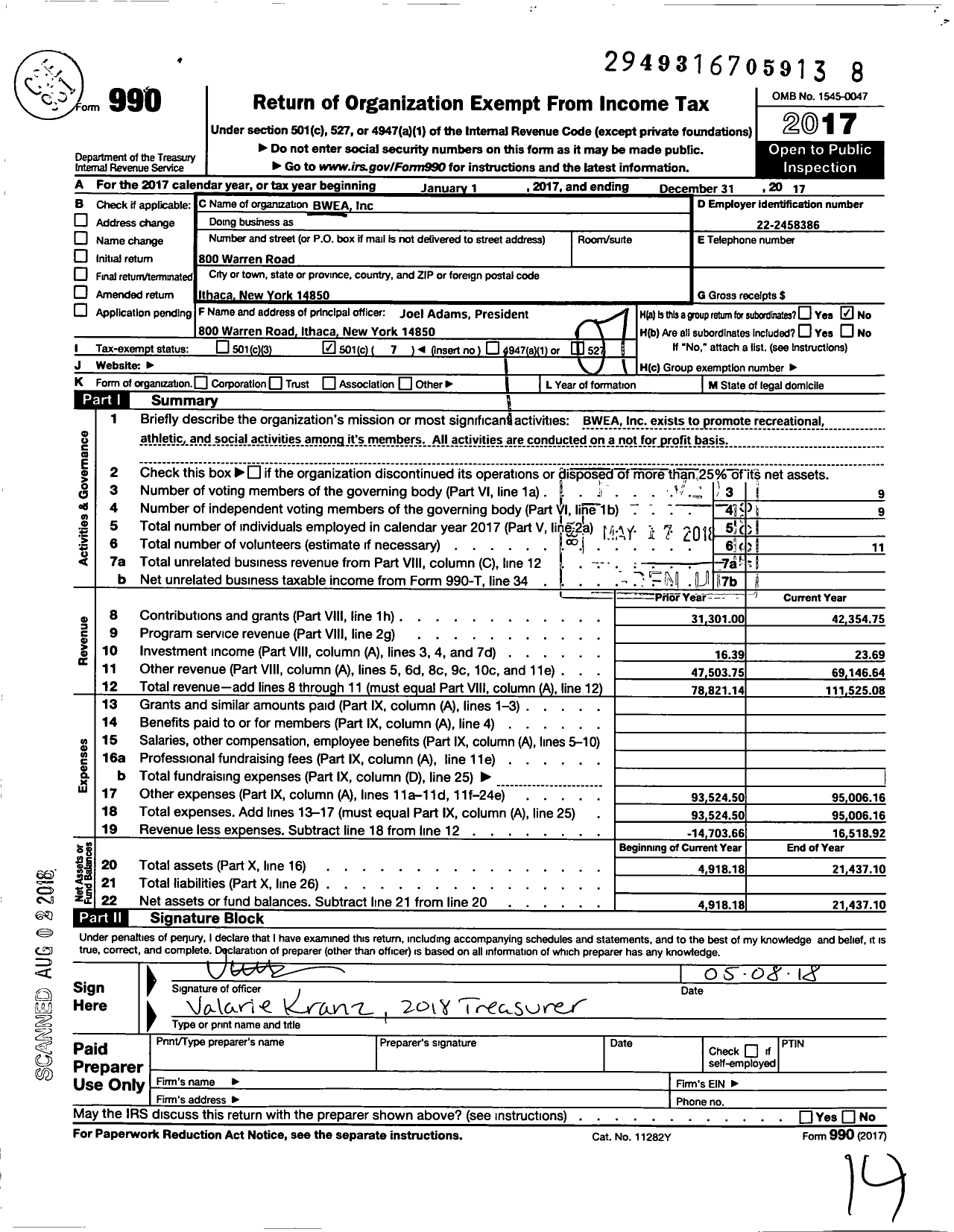 Image of first page of 2017 Form 990O for Bwea