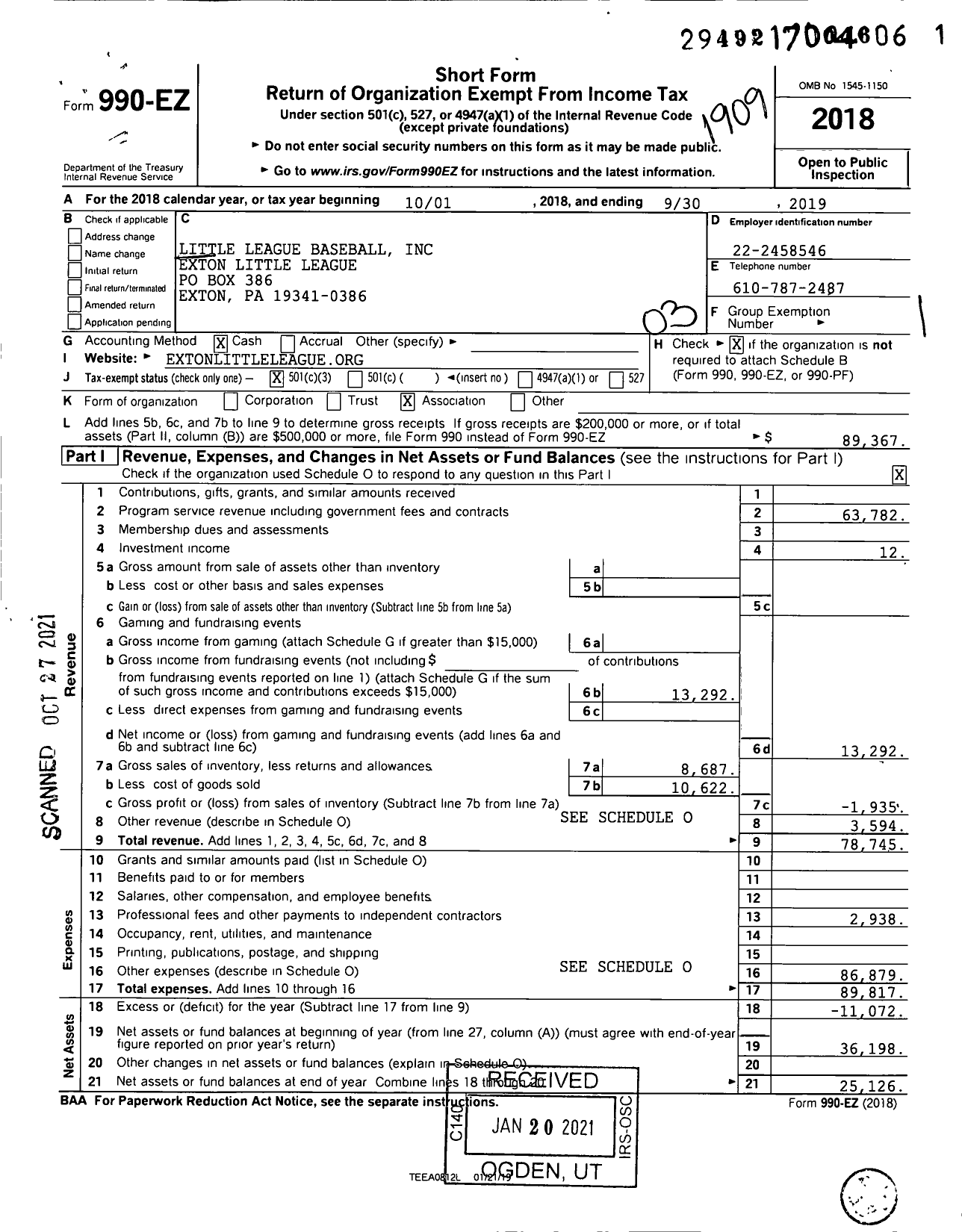 Image of first page of 2018 Form 990EZ for Little League Baseball - 2382706 Exton LL