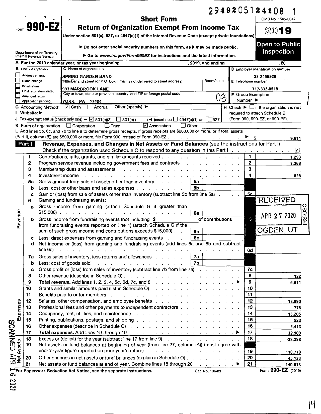 Image of first page of 2019 Form 990EZ for Spring Garden Band