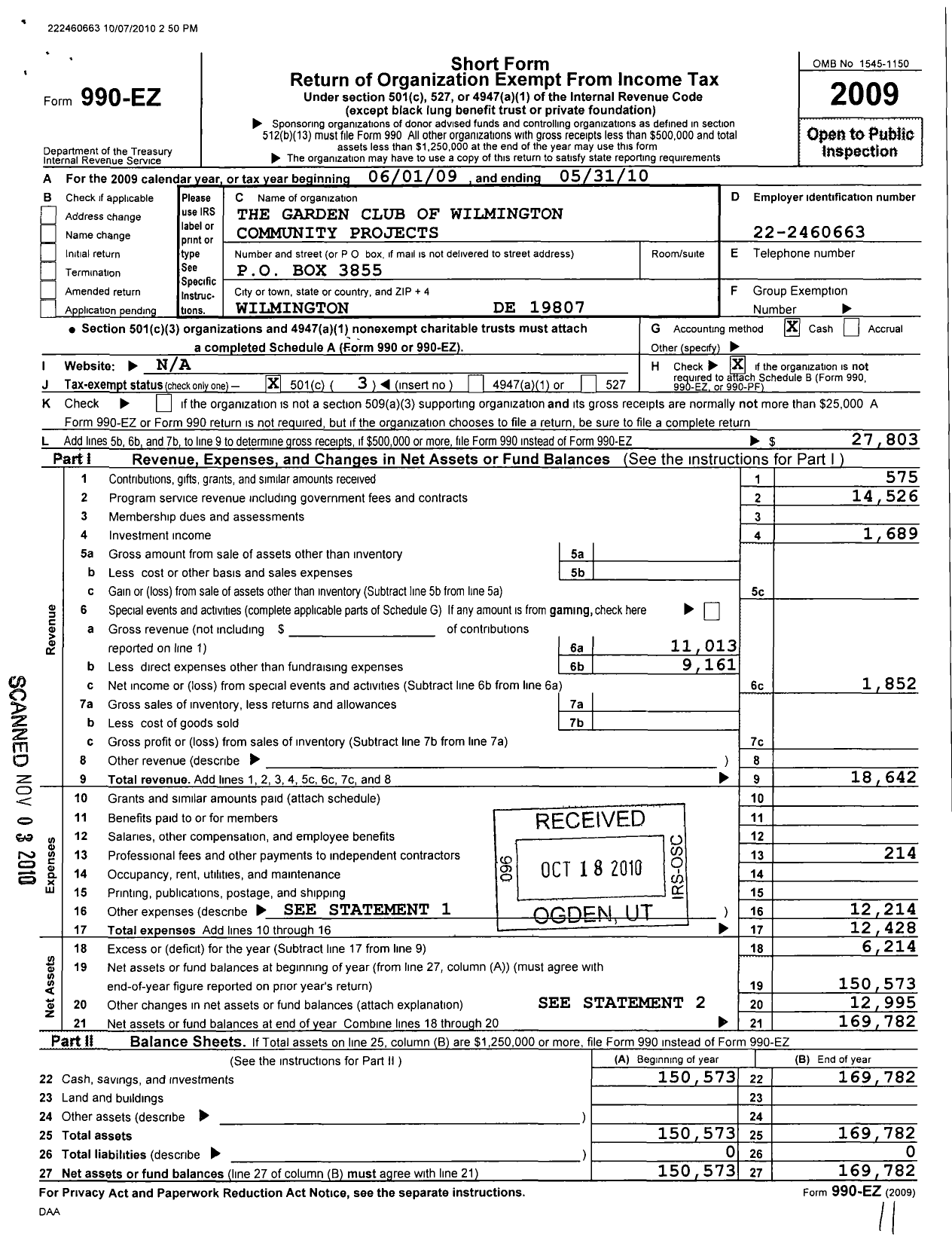 Image of first page of 2009 Form 990EZ for Garden Club of Wilmington Community Projects