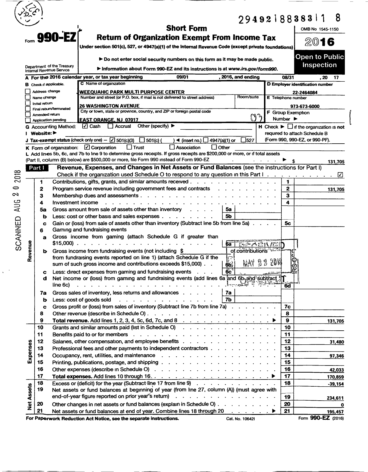 Image of first page of 2016 Form 990EZ for Weequahic Park Multi Purpose Center