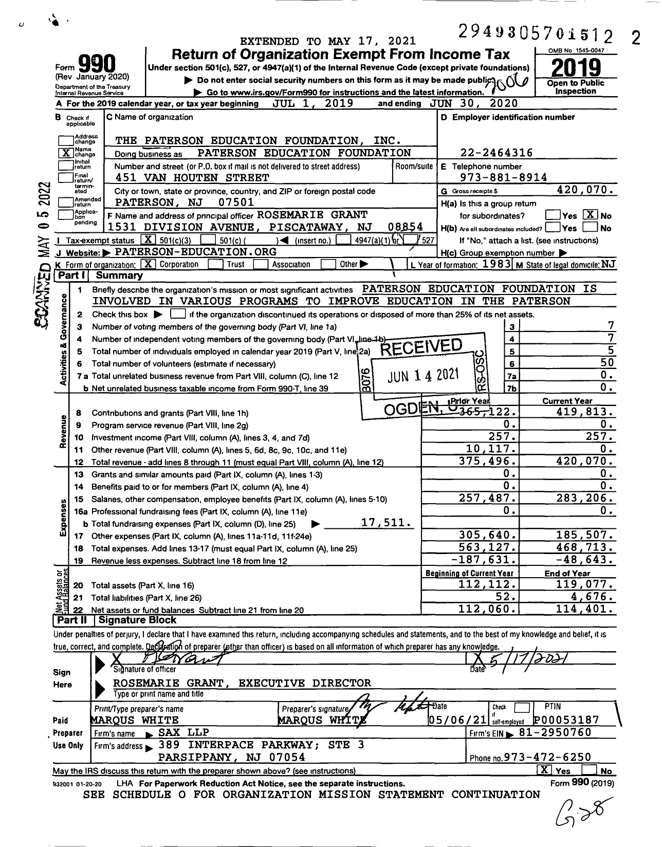 Image of first page of 2019 Form 990 for Paterson Education Fund