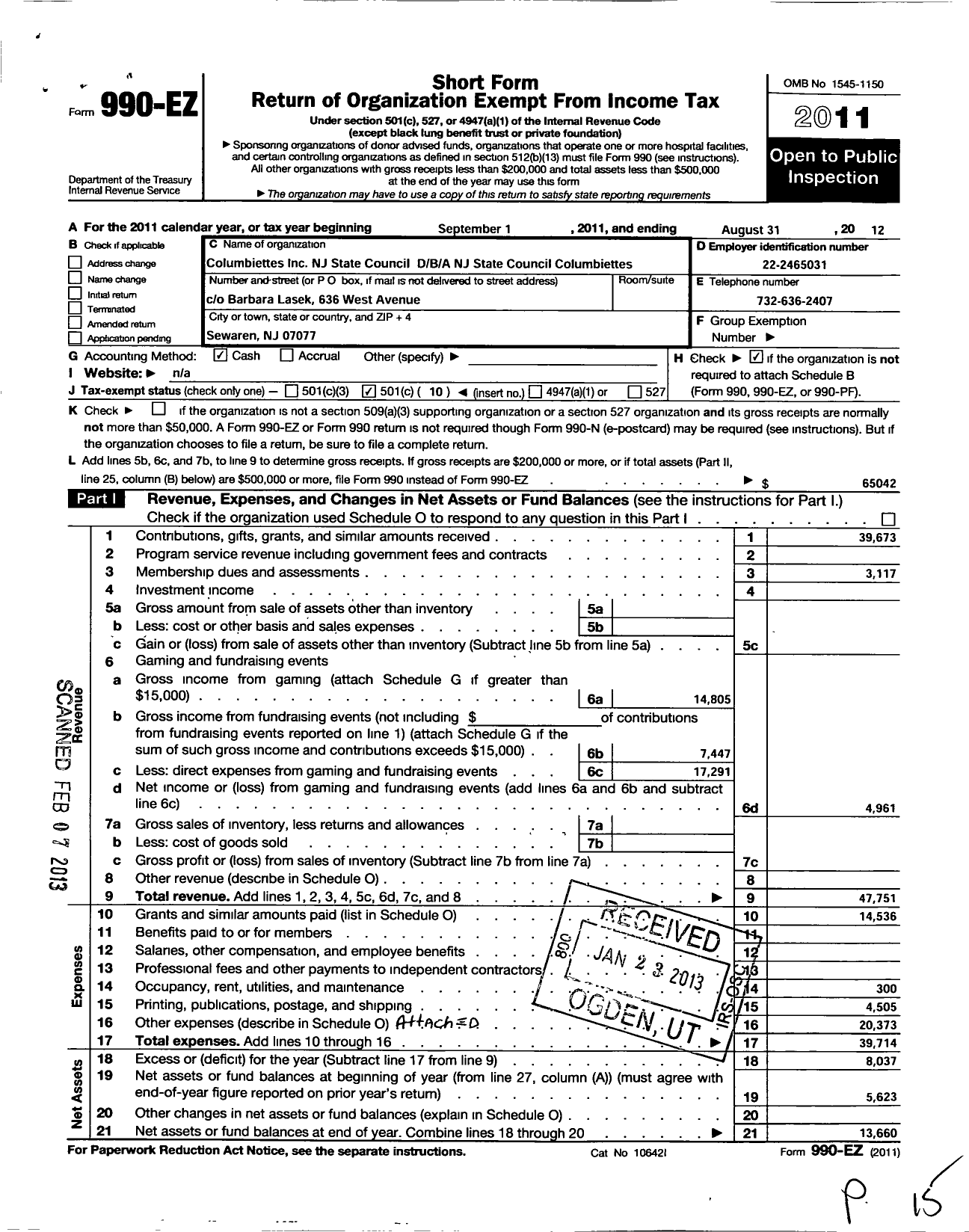 Image of first page of 2011 Form 990EO for Columbiettes - NJ State Council Columbiettes