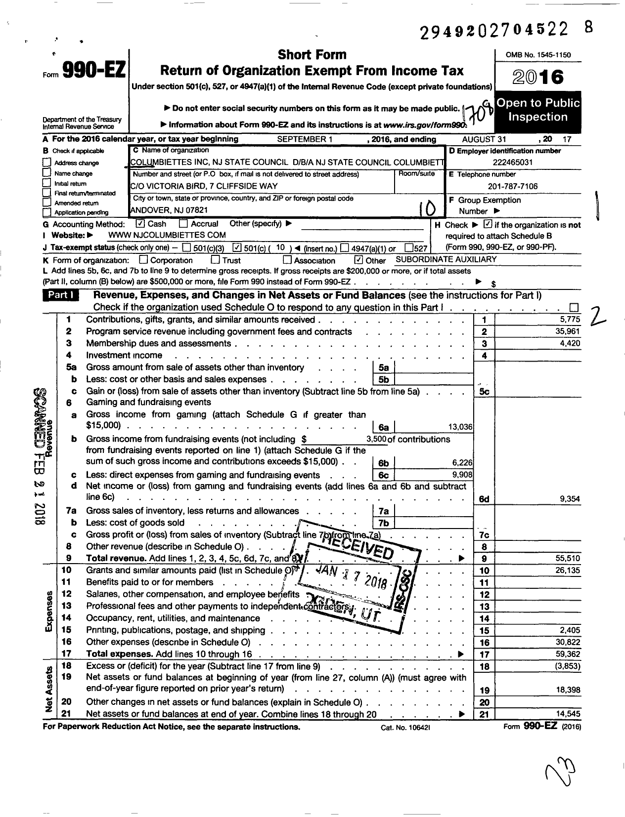 Image of first page of 2016 Form 990EO for Columbiettes - NJ State Council Columbiettes