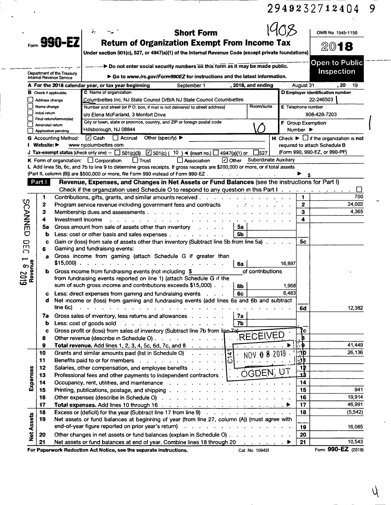 Image of first page of 2018 Form 990EO for Columbiettes - NJ State Council Columbiettes