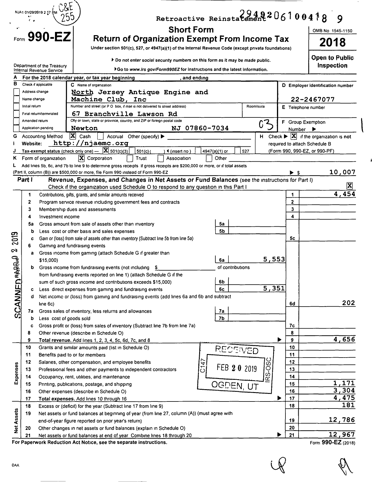 Image of first page of 2018 Form 990EZ for North Jersey Antique Engine and Machine Club