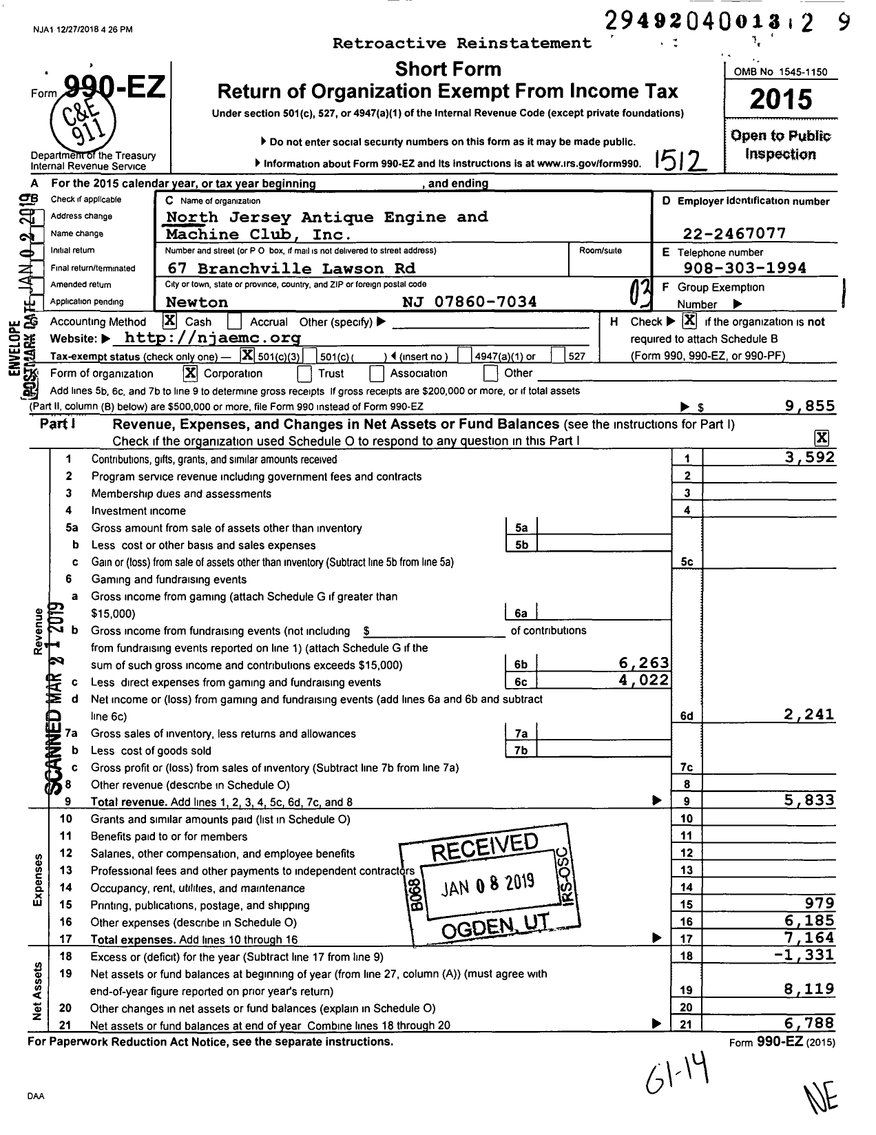 Image of first page of 2015 Form 990EZ for North Jersey Antique Engine and Machine Club