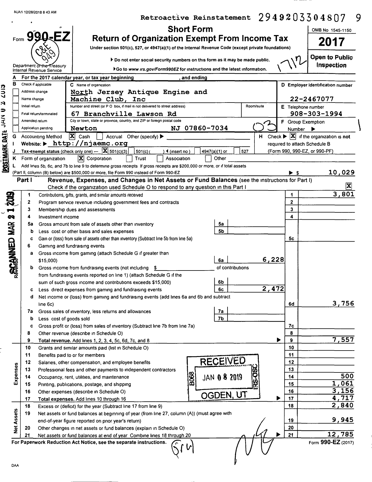 Image of first page of 2017 Form 990EZ for North Jersey Antique Engine and Machine Club