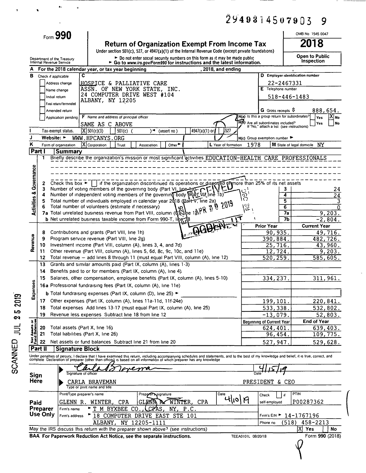 Image of first page of 2018 Form 990 for Hospice and Palliative Care Association of New York State