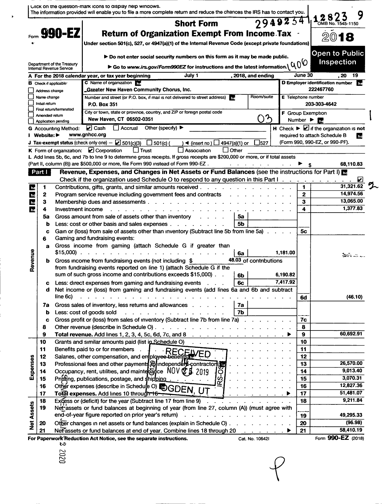 Image of first page of 2018 Form 990EZ for Greater New Haven Community Chorus