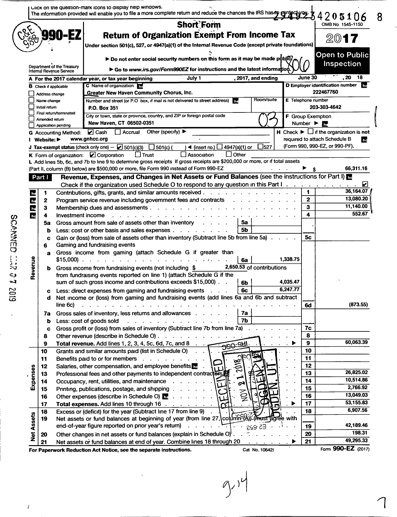 Image of first page of 2017 Form 990EZ for Greater New Haven Community Chorus