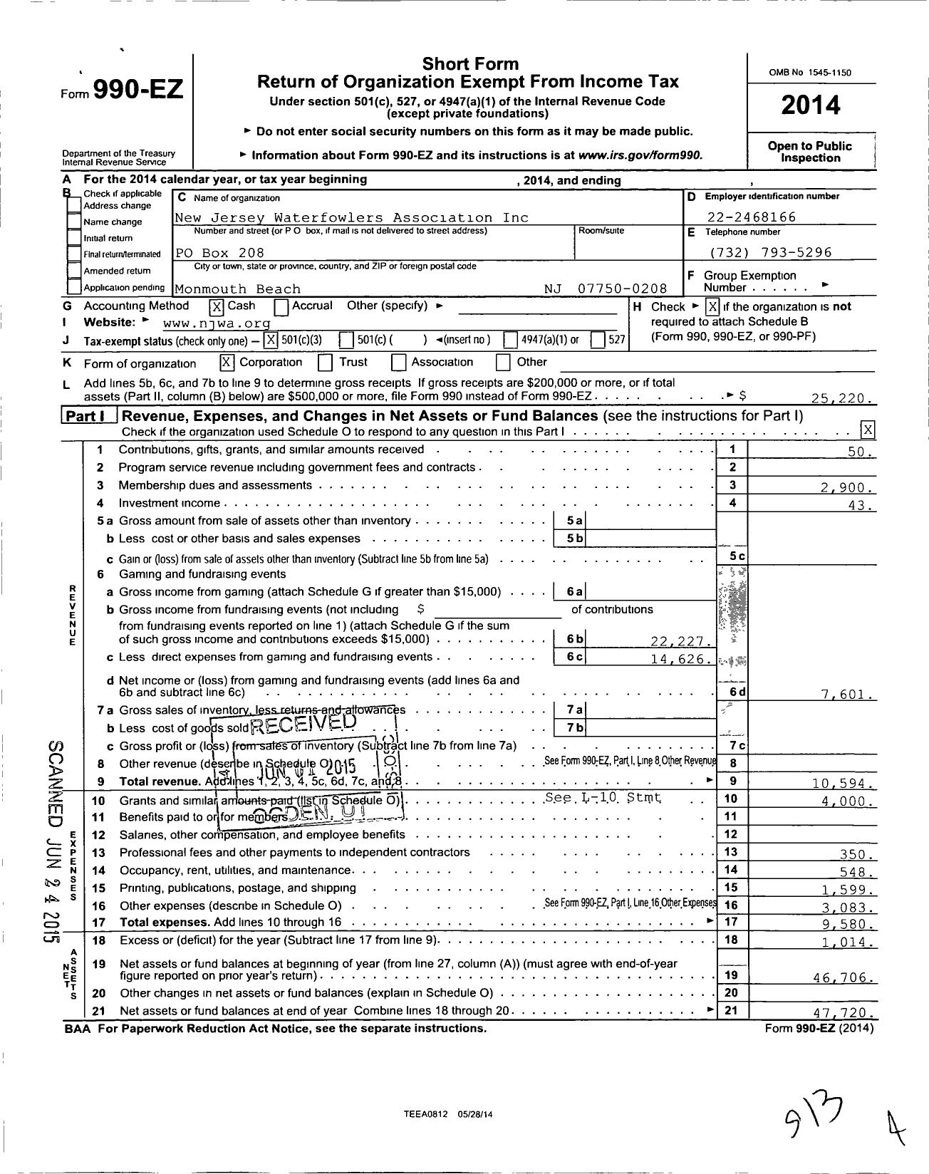 Image of first page of 2014 Form 990EZ for NJ Waterfowlers