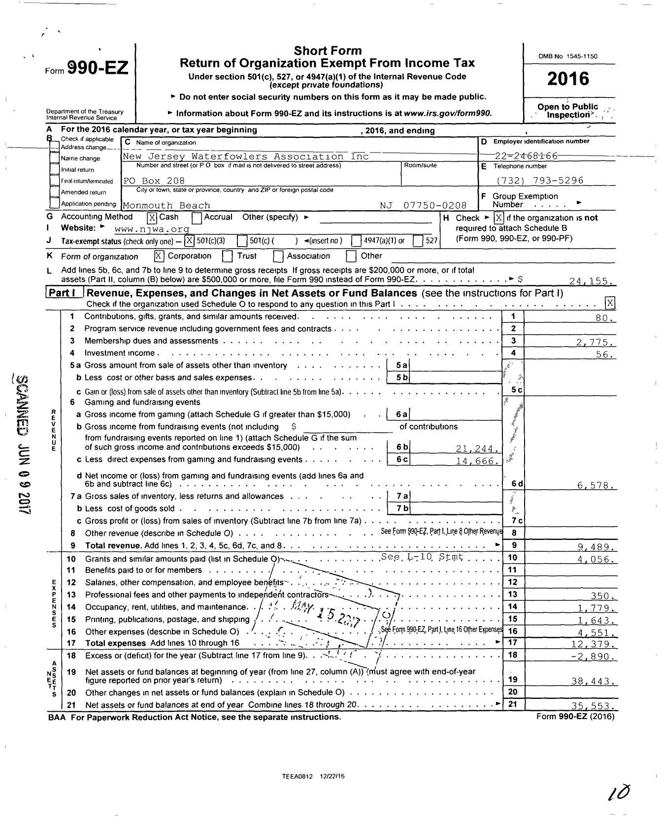 Image of first page of 2016 Form 990EZ for NJ Waterfowlers