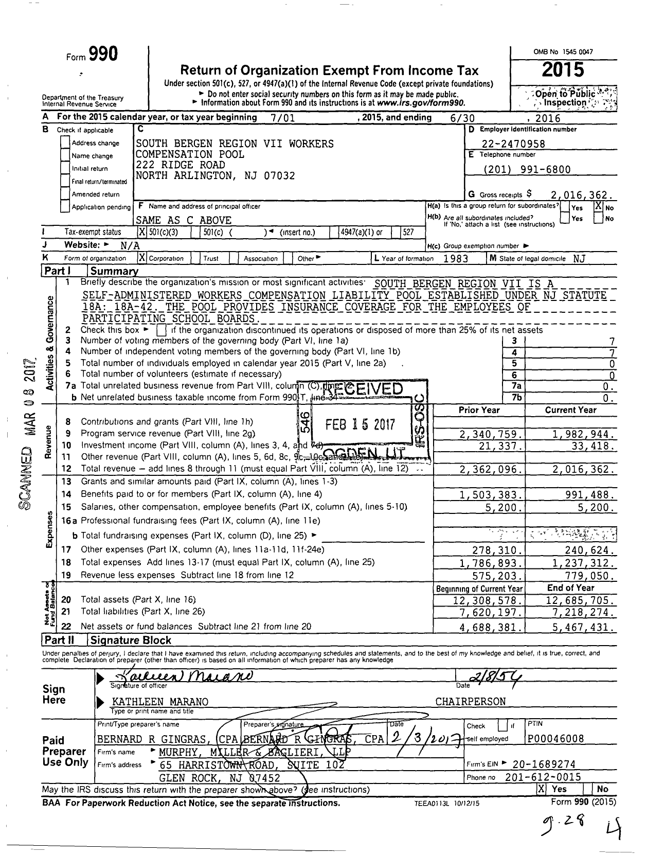 Image of first page of 2015 Form 990 for South Bergen Region Vii Workers Compensation Pool