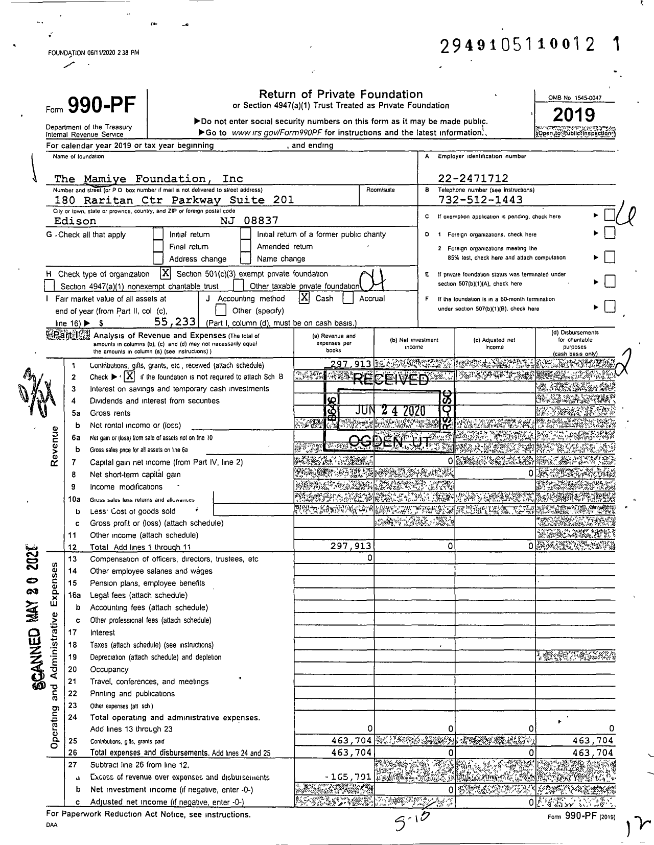 Image of first page of 2019 Form 990PF for The Mamiye Foundation