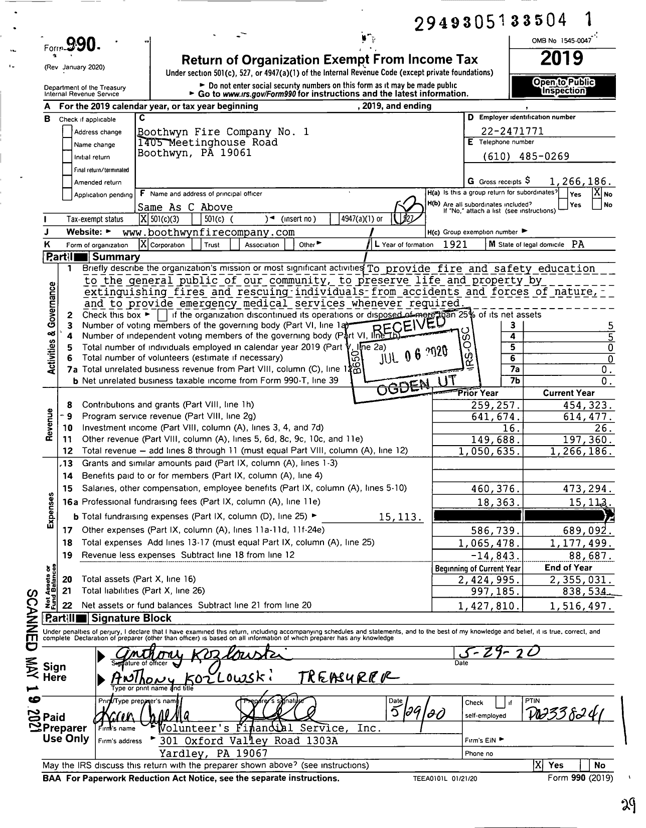 Image of first page of 2019 Form 990 for Boothwyn Fire Company No 1