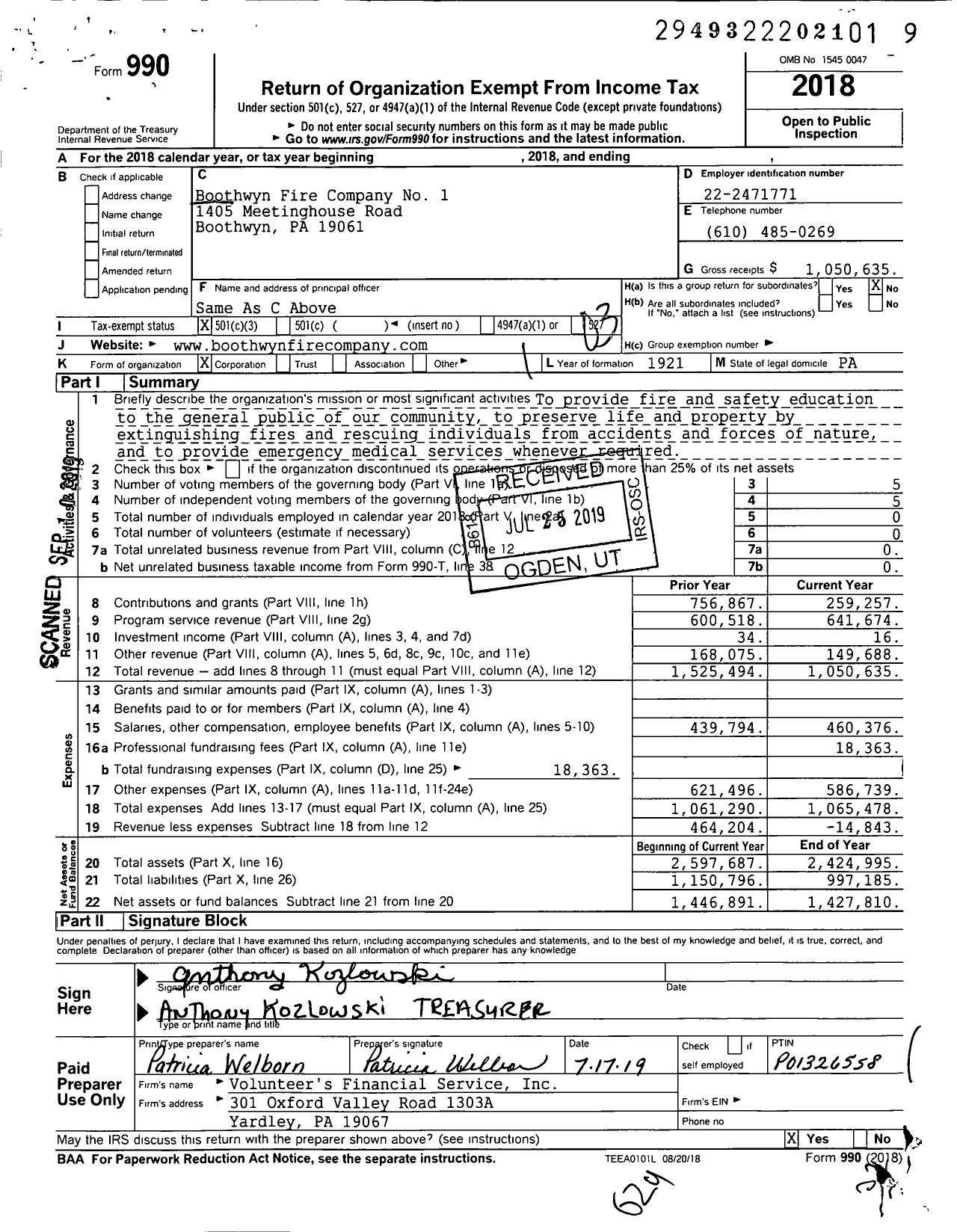 Image of first page of 2018 Form 990 for Boothwyn Fire Company No 1