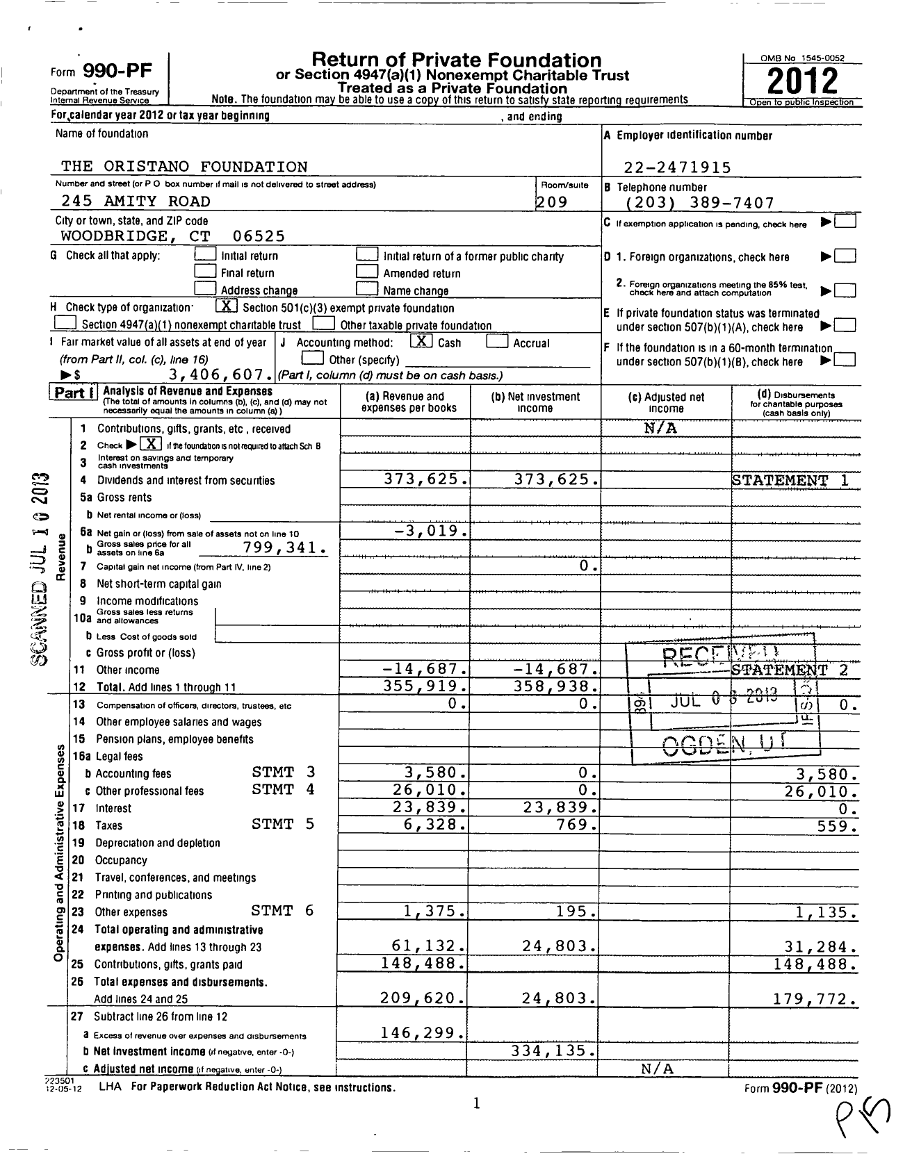 Image of first page of 2012 Form 990PF for Oristano Foundation