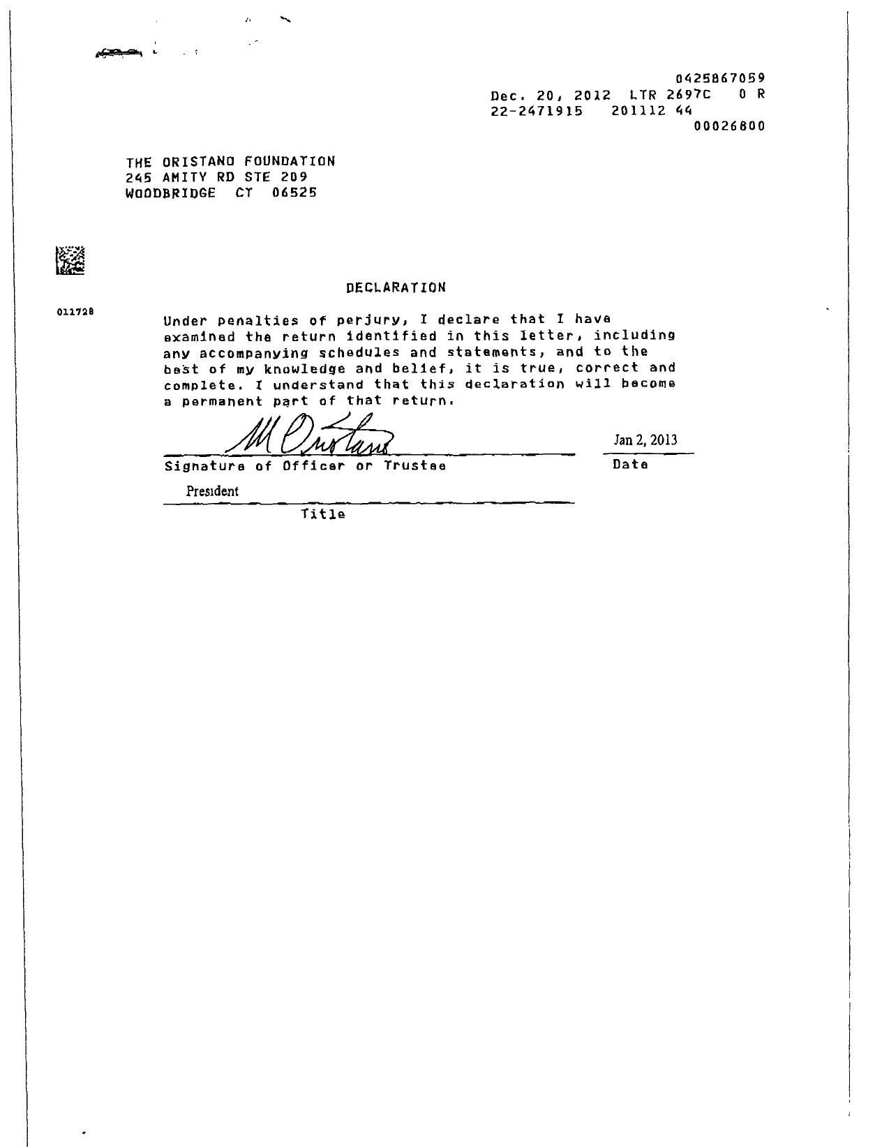 Image of first page of 2011 Form 990PR for Oristano Foundation