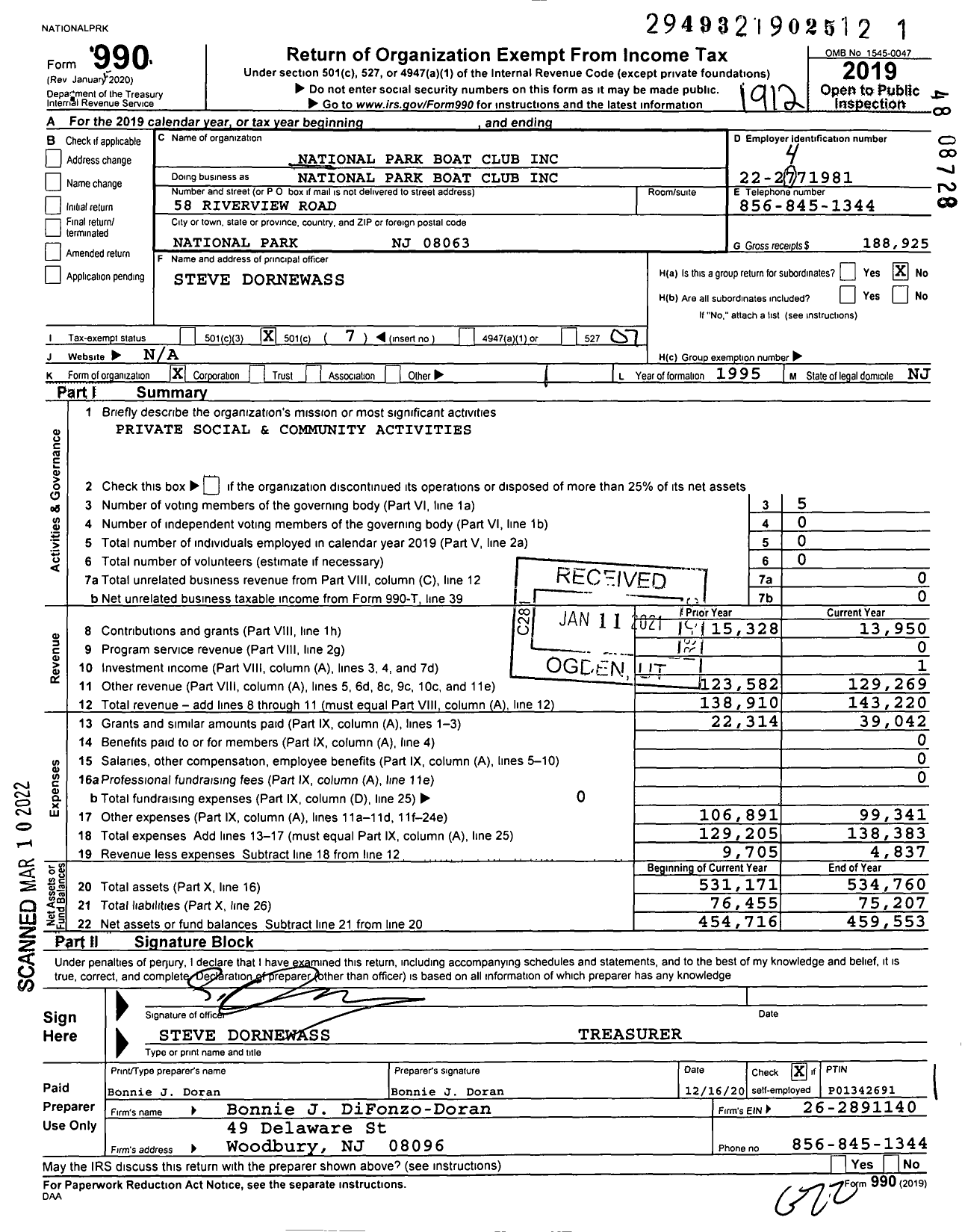 Image of first page of 2019 Form 990O for National Park Boat Club