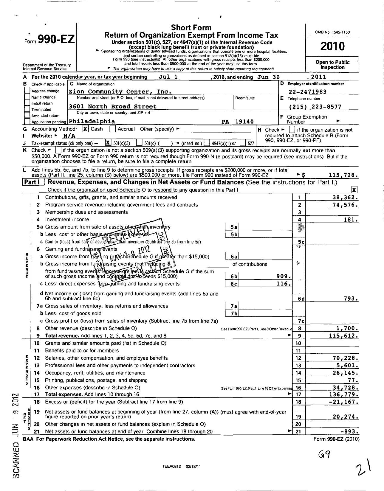 Image of first page of 2010 Form 990EZ for Leon H Sullivan CDC