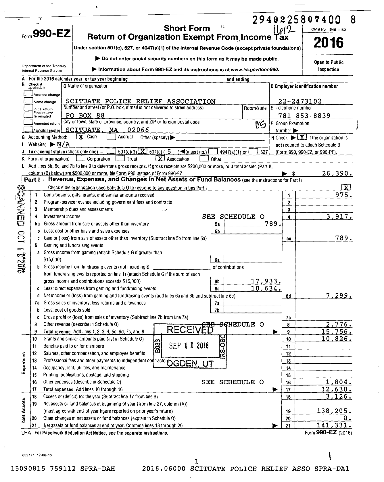 Image of first page of 2016 Form 990O for Scituate Police Relief Association