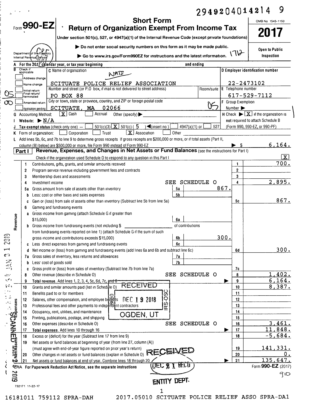 Image of first page of 2017 Form 990EO for Scituate Police Relief Association