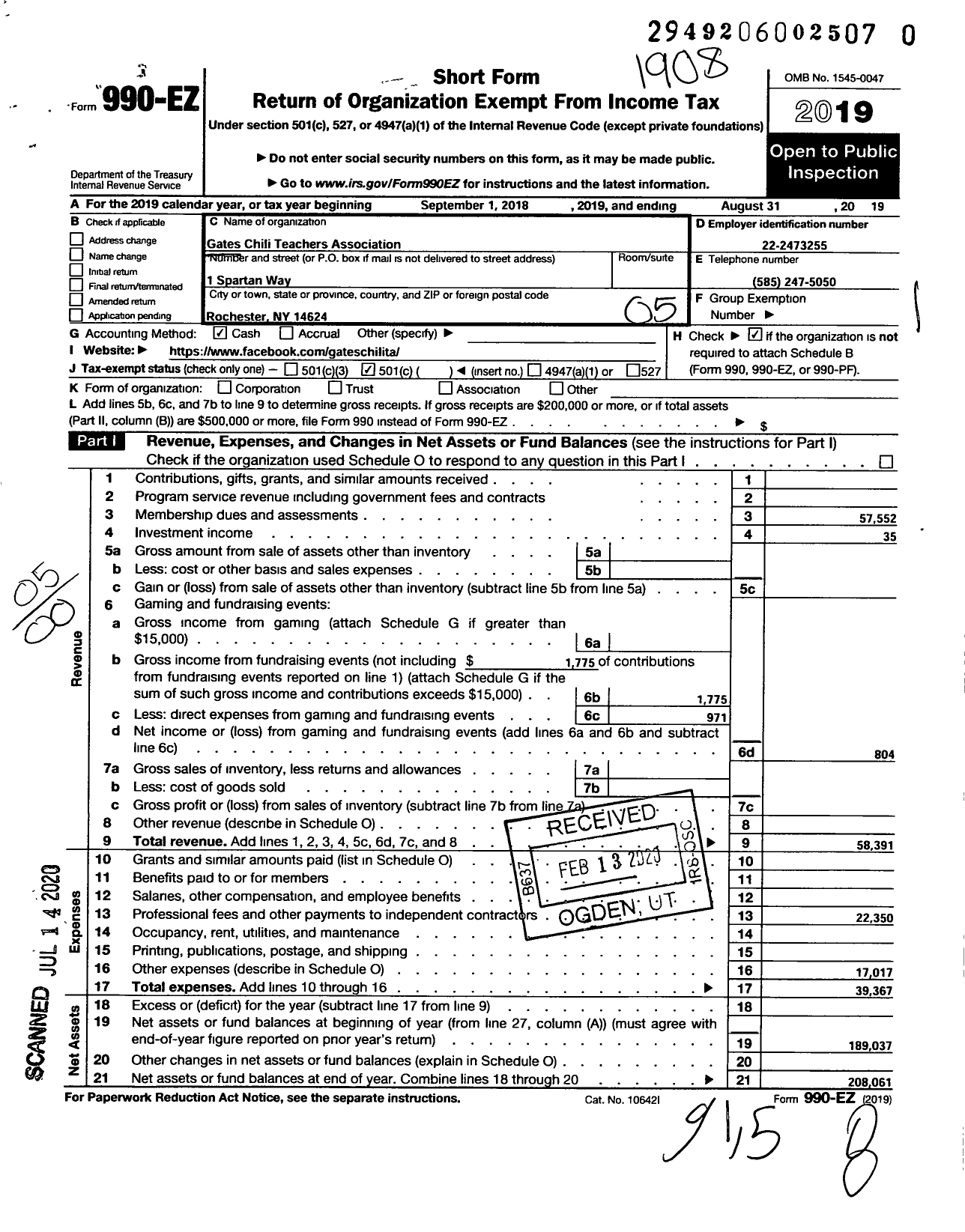 Image of first page of 2018 Form 990EO for American Federation of Teachers - 2668 Gates Chili Teachers Assn