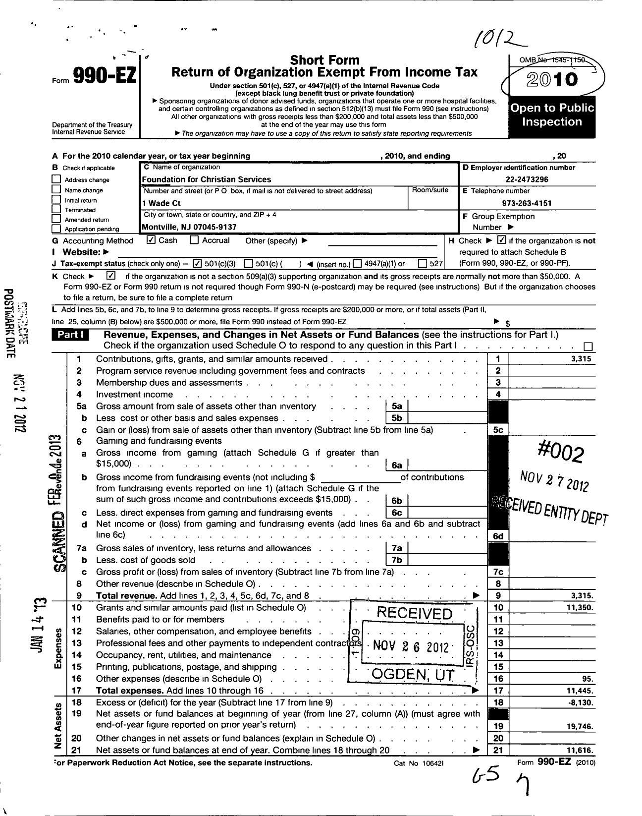 Image of first page of 2010 Form 990EZ for Foundation for Christian Services