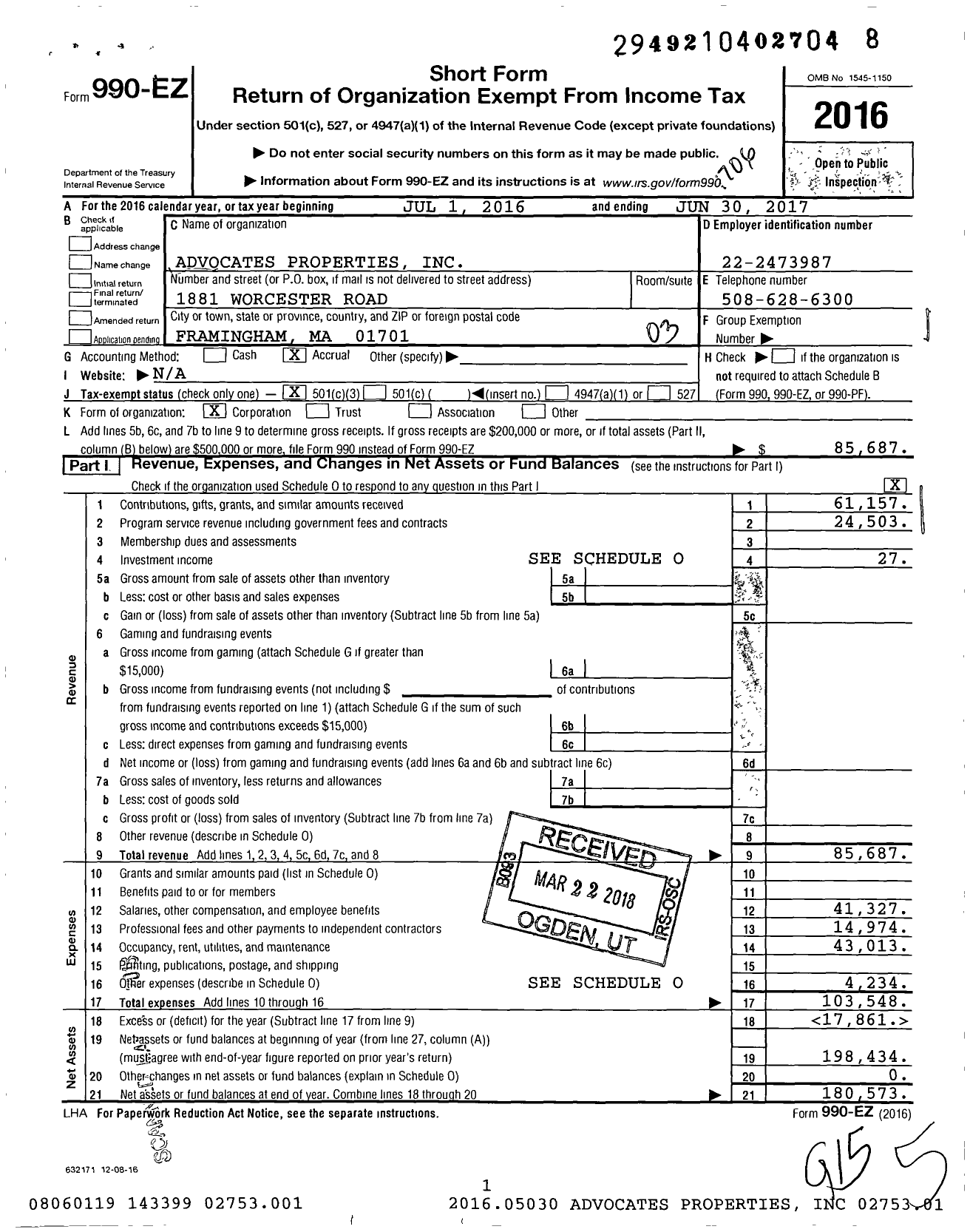 Image of first page of 2016 Form 990EZ for Advocates Properties