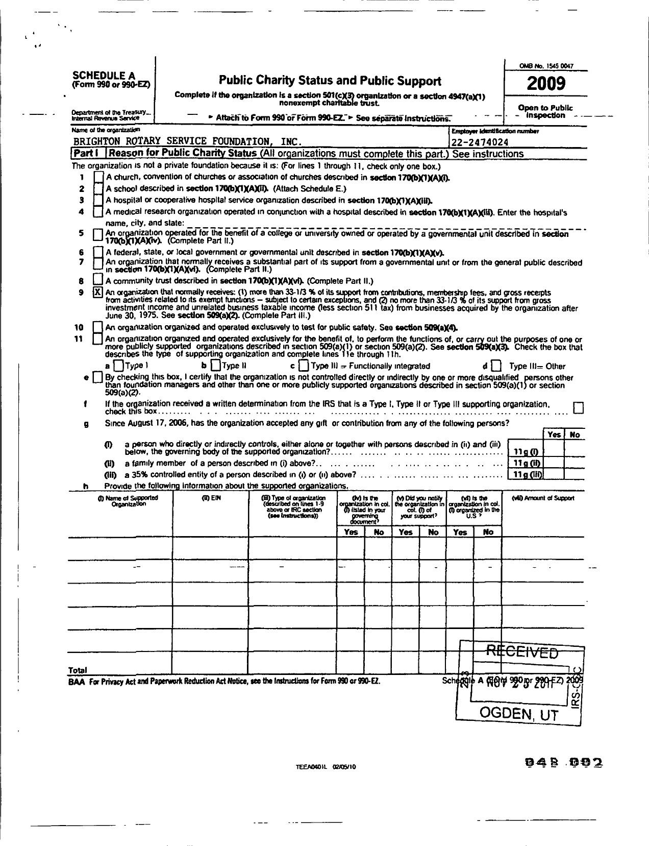 Image of first page of 2009 Form 990ER for Brighton Rotary Service Foundation